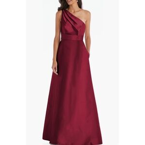 Alfred Sung D815 Draped One Shoulder Satin Dress Gown Burgundy Size 18